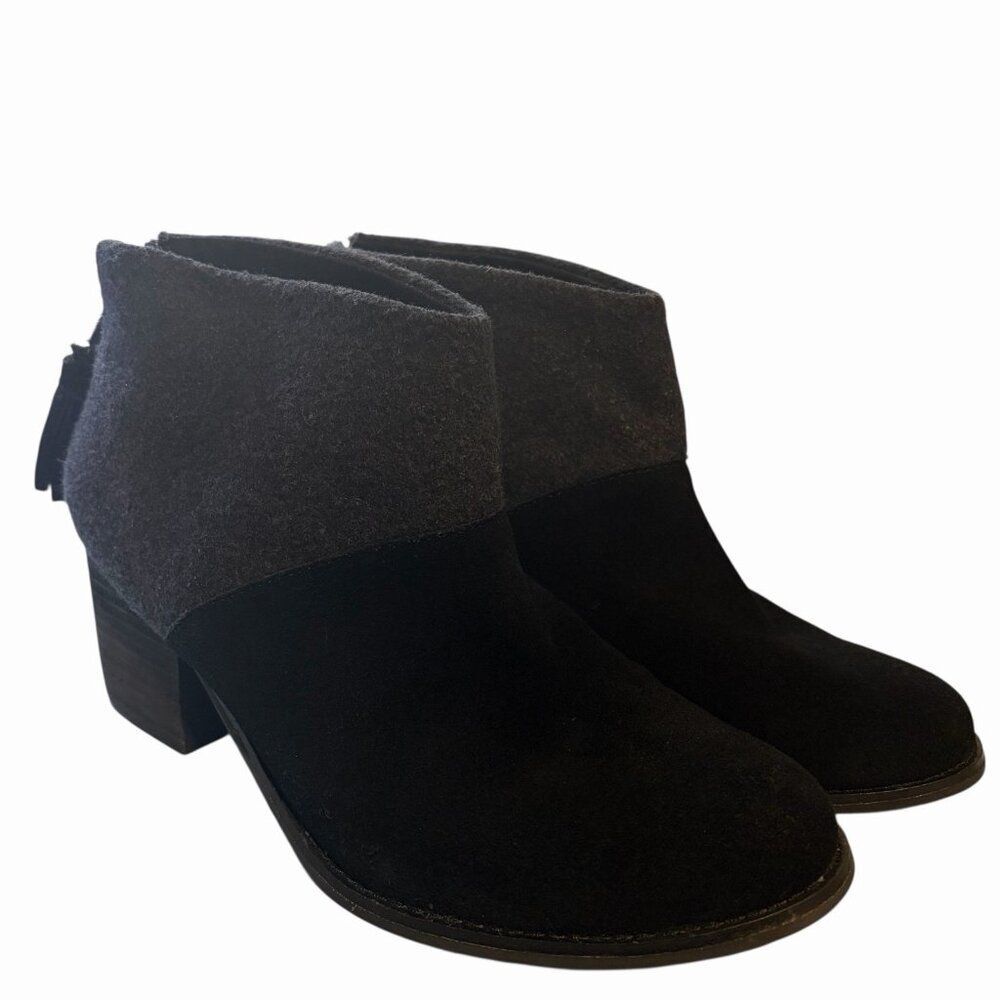 Toms Leila Bootie Womens 7.5 Wool Felt Black Gray Ankle Boot Tassel Zip